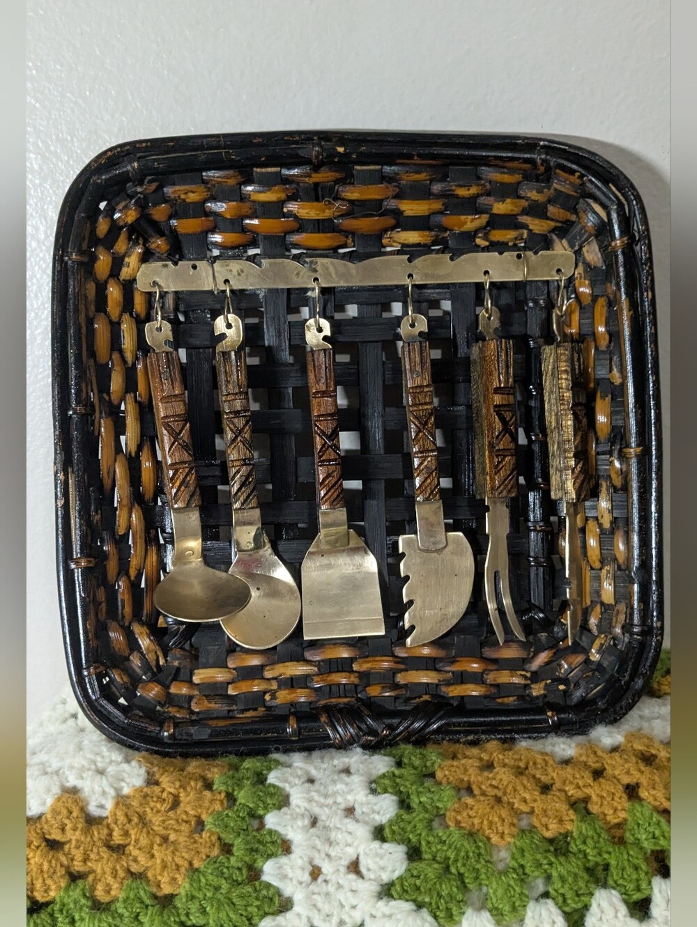 Vintage Brass & Wood Mini Serving Utensil Set | Boho Cottagecore